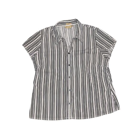 Notations Black White Striped Blouse Button Down Size XL Casual Preppy Retro - Picture 1 of 4